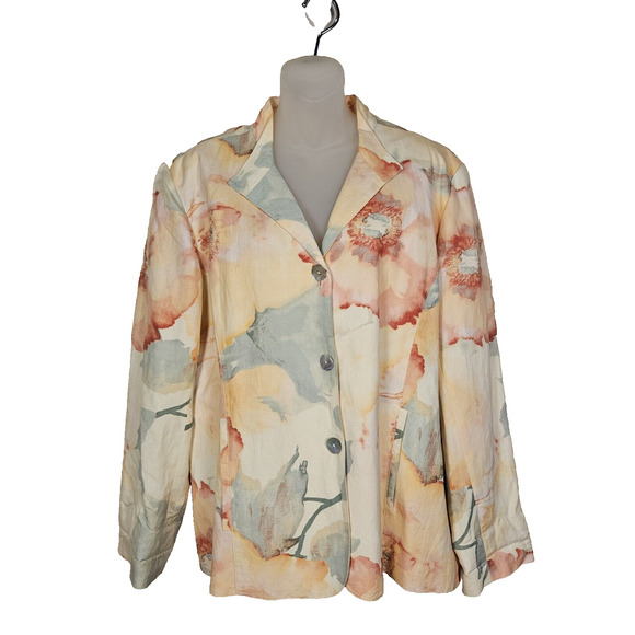 VTG Chicos 3 Linen Blend Floral Watercolor Blazer Lagenlook Pastel Art Jacket 16 - Picture 10 of 10